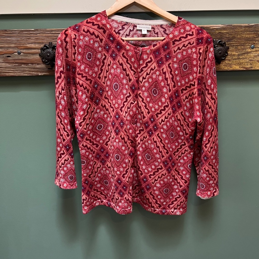 Garnet Hill Red Red 100% Merino Wool Geometric Medallion Cardigan Sweater L